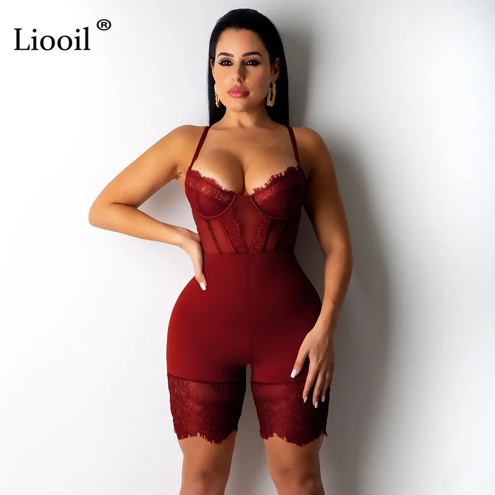 Бургундия Liooil, черный облегающий комбинезон, женский сексуальный кружевной комбинезон с открытой спиной,, без рукавов, прозрачные, вечерние, клубные комбинезоны, шорты - Цвет: Бургундия
