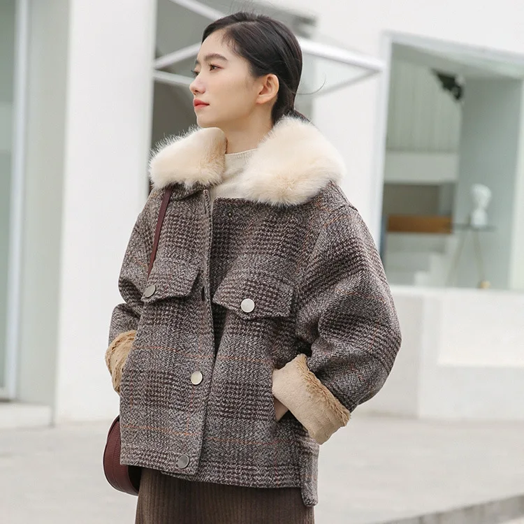 

2019 Winter Korean-style Loose-Fit Cropped Jacket Women's Short-height Liner plus Velvet Thousands of Birds Sub-Woolen Overcoat