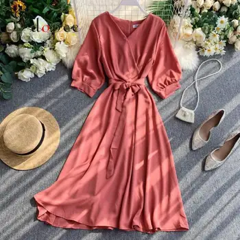 

Summer Dress French Small Temperament Collect Waist Sweet Lantern Sleeve V-neck Vestidos Elegant Solid Color Sexy Ladies Dress
