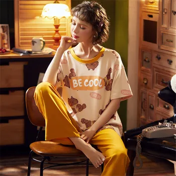 

Fashion casual comfortable pajamas set O-collar spring and summer women's home service suit short-sleeved trousers pajamas