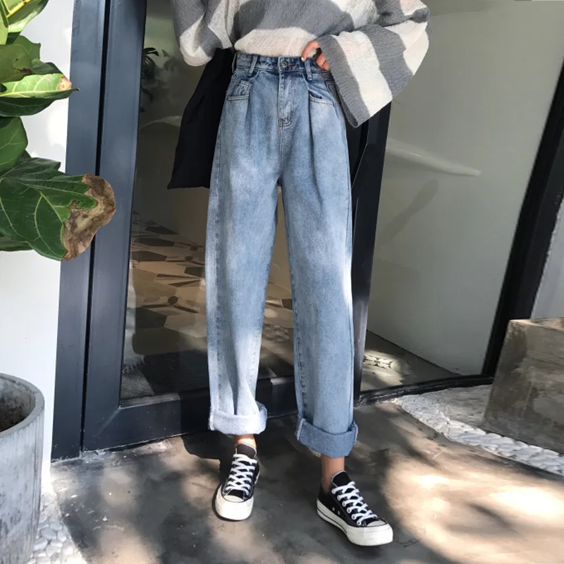 Корейская версия, свободные джинсы для женщин Harajuku, высокая талия, женские повседневные Прямые брюки,, Осень-зима, модные широкие брюки - Цвет: Light blue