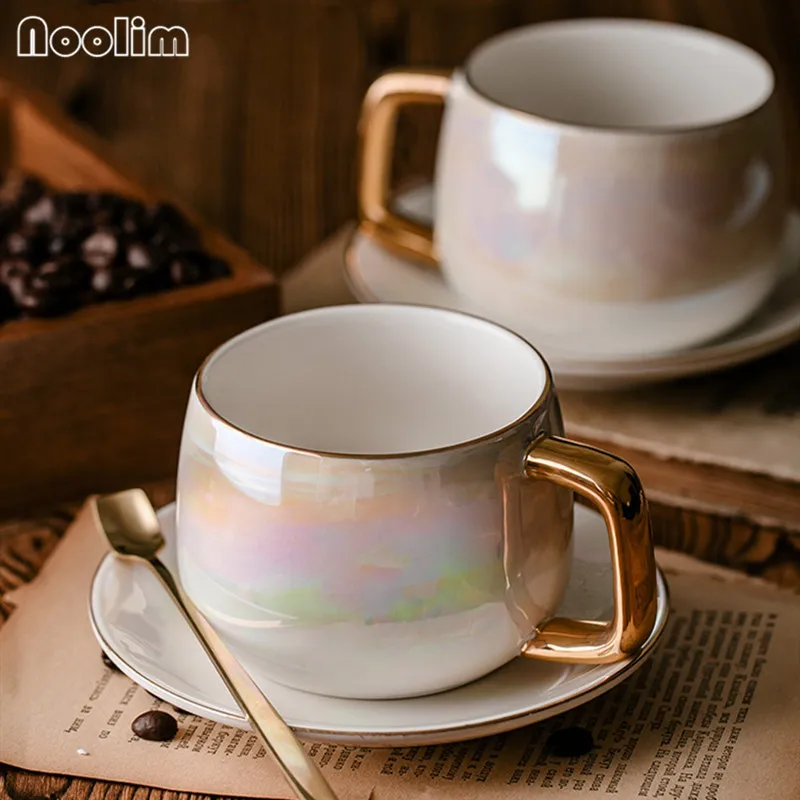 

Aurora Pearl Glaze Phnom Penh Ceramic Afternoon Tea Cups With Spoon and Saucers Coffee Cup With Tray Porcelain Drinkware Set