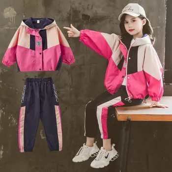 

Children's Clothing Sports Suit For Girls Hooded Outwears Long Sleeve Patchwork Coat Pants Set Casual Teens Tracksuit 8 12 Years