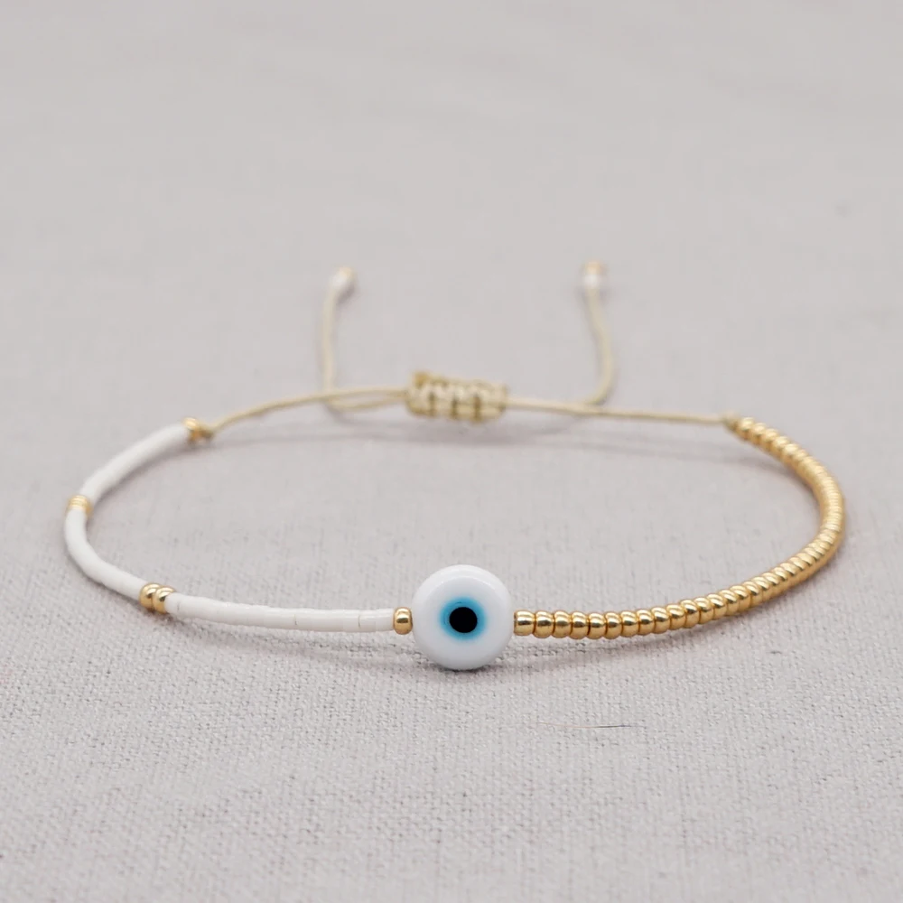Go2BoHo Eye Bracelet Miyuki Dainty Tiny Beaded Simple Bracelets for Women Fashion Jewelry Gold White Color Adjustable Rope