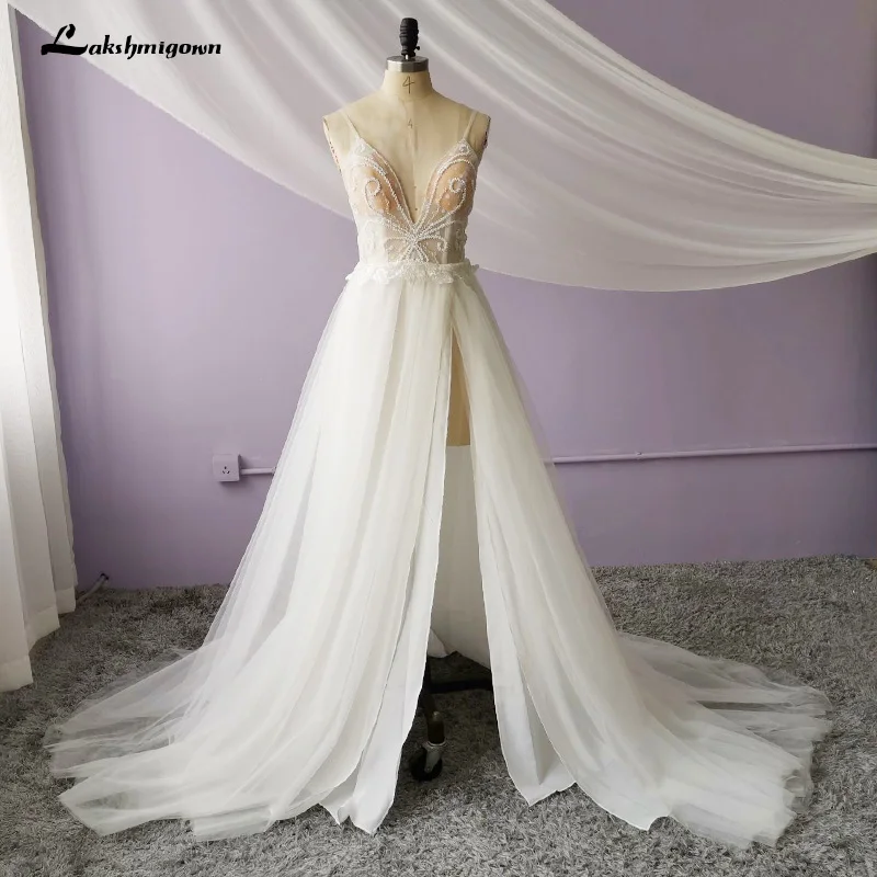 

lakshmigown Side Split Beach Wedding Dresses Spaghetti Illusion A-Line Wedding Dresses Pearls Backless Bohemian Bridal Gowns