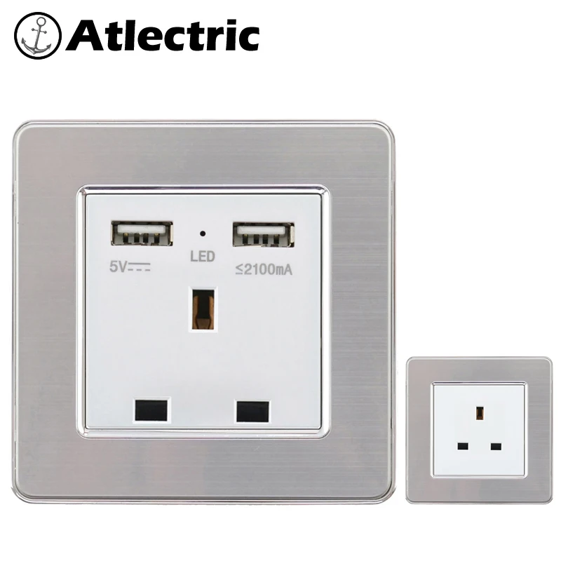 Atlectric розетка стандарта Великобритании из нержавеющей стали Панель розетка с двойным usb-портом розетка настенное зарядное устройство розетка электрическая вилка