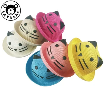 

Baby Cat Straw Summer Hat With Ears Candy Color Children Panama Hats For Kids Boys Girls Cap For 1-3 Years