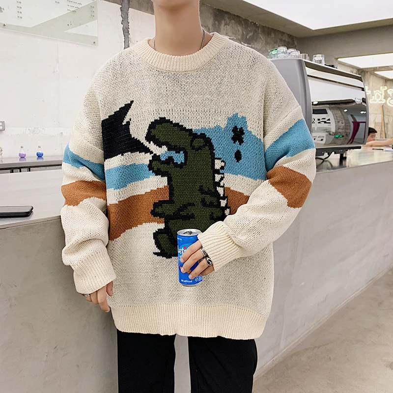 New Men Clothes Casual korean Style off white Cartoon Animal Pattern O-Neck couple Christmas student knitted sweater pullovers | Мужская