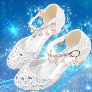 

Princess Children's Shoes Girls' Leather Shoes Flowers Casual Sequins Sequin Children's High-heeled Girls Shoes Bow Blue Pink
