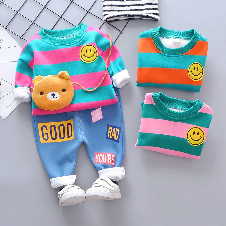 

2019 Winter Children Baby Brushed And Thick fu he rong Smiley Set English Lettered Hoodie Girls' Sweater