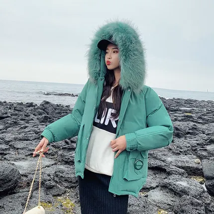 Big fur collar Parka Winter Jacket Women Coat Korea Loose Warm Cotton Padded Outerwear Solid Casual Female Hooded Coats - Цвет: green