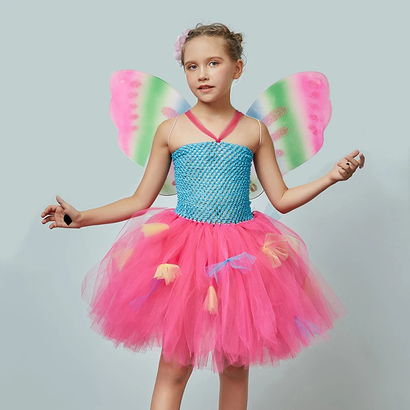 Bright Rainbow Fairy Girls Tutu Dress with Butterfly Wing Kid Pixie Party Halloween Birthday Costume Pageant Princess Dress (2)