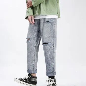 

Spring and summer new ripped jeans men loose washed light casual straight nine-point pants male vintage jeans Dropshipping