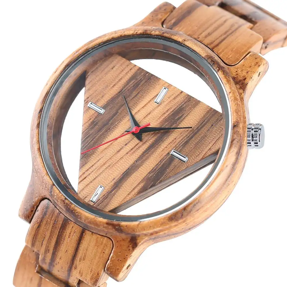 $17.41 Unique Inverted Geometric Triangle Wood Watch Men Women Creative Hollow Dial Full Wooden Quartz Wri