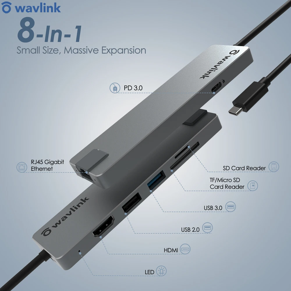 

USB-C HDMI 4K@30Hz Multi Travel Mini Dock Power Delivery 100W Type C RJ45 Gigabit Ethernet 8 Ports Adapter For Mac OS Windows