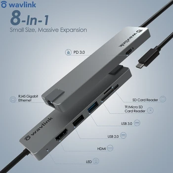

USB-C HDMI 4K@30Hz Multi Travel Mini Dock Power Delivery 100W Type C RJ45 Gigabit Ethernet 8 Ports Adapter For Mac OS Windows