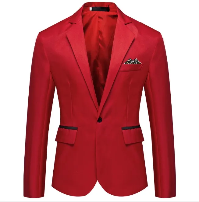 red Vogue, мужской формальный приталенный Блейзер, модный однотонный костюм на одной пуговице, длинный рукав, зубчатый Блейзер, хлопковое пальто, куртка, Топ - Цвет: red