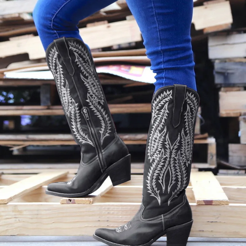 PUIMENTIUA/женские ботинки; классические ковбойские ботинки с вышивкой в ковбойском стиле; женские кожаные женские ковбойские ботинки; обувь на низком каблуке; женские сапоги до колена - Цвет: Black