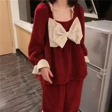 QWEEK Princess Style Pajamas for Women Flannel Winter 2 Piece Set Kawaii Bow Sleepwear Cute Christmas Pyjamas Vintage Pijamas