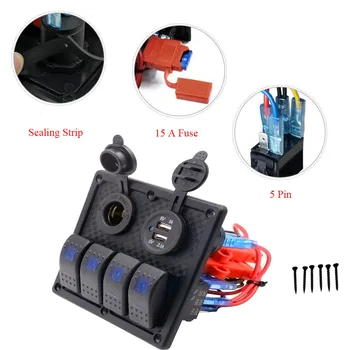 

4 Gang Waterproof Switch Panel For Auto Car Marine Boat Toggle 2.1A +1A Dual USB Charger Cigarette Lighter Socket 12V-24V New
