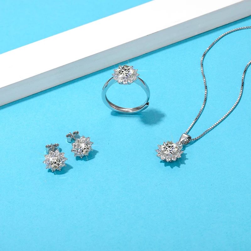Hot Selling On Ins Sparkle Silver Jewelry Set Factory Wholesale Price Moissanite Diamond Ring Earrings Necklace Bracelet | Украшения и