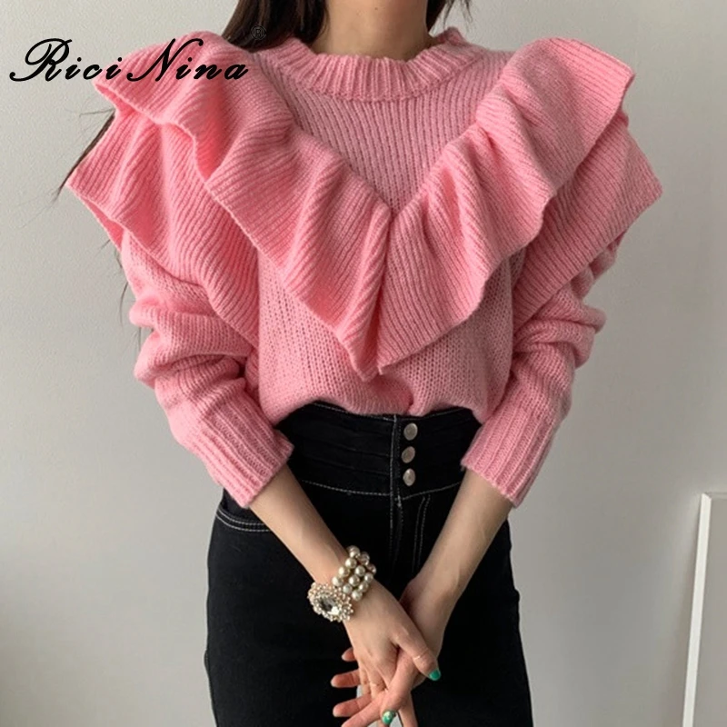 RICININA Ruffle Sweater Women Jumper 2020 Long Sleeve O Neck Solid Loose Casual Knitted Pullovers Woman Spring | Женская одежда