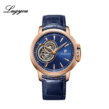 

Lugyou Rossini Fashion Men Watch Mechanical Rose Gold Sapphire glass See-through Back Leather Strap Blue Sun-ray Dial Waterproof