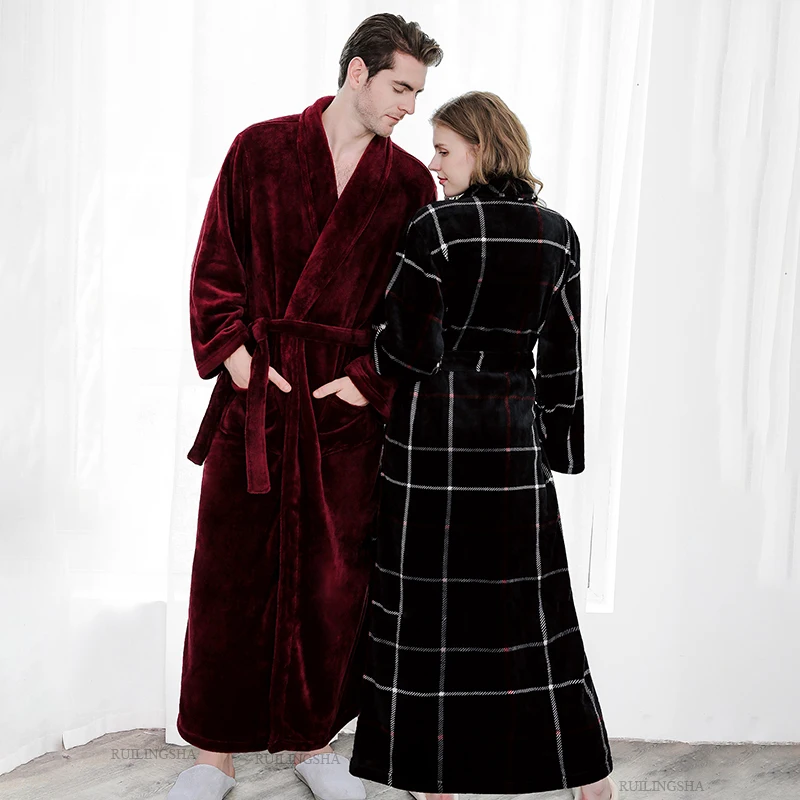 

Men Extra Long Winter Flannel Kimono Bathrobe 40-130KG Coral Fleece Plus Size Bath Robe Cozy Night Dressing Gown Women Sleepwear