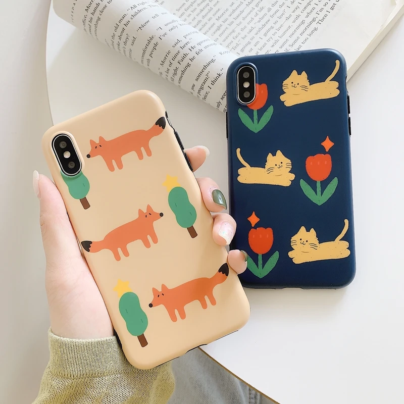 

Cute fox cat floral phone cases For iphone X XS Max XR case for iphone 7 8 6 6s Plus Matte soft tpu case capa cover