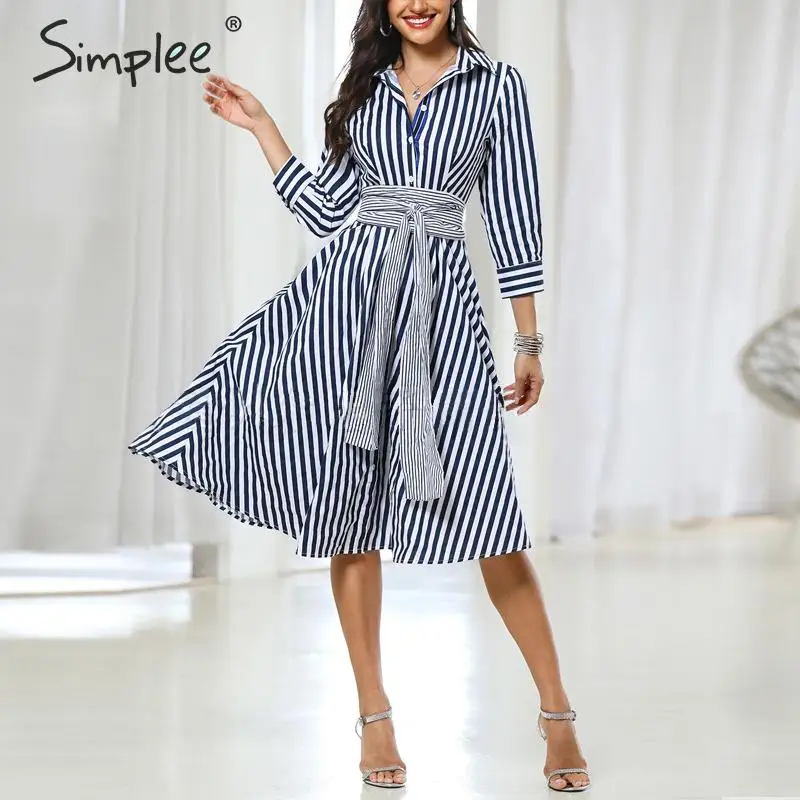 Comprar Simplee Casual rayas mujeres vestido elegante de oficina cuarto manga arco atado midi vestido otoño señoras trabajo desgaste A line camisas vestido