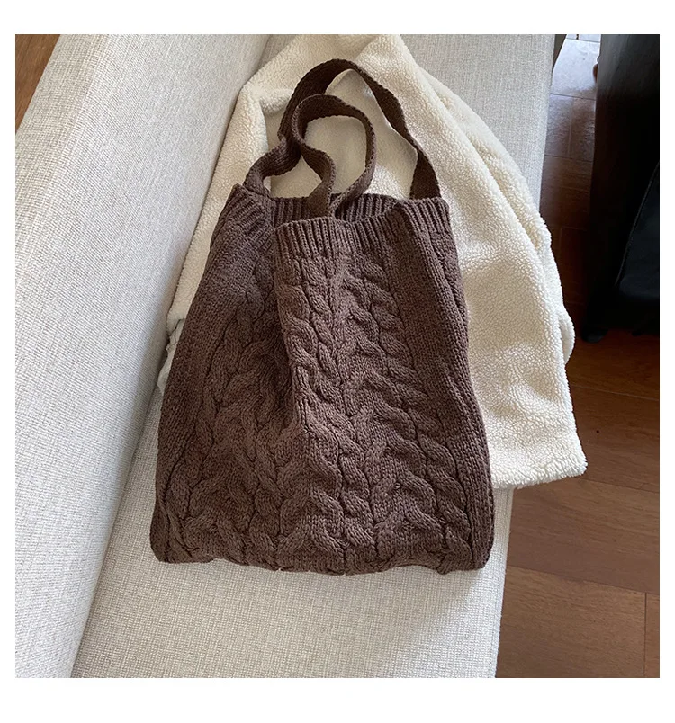 Зимний винтажный Роскошный дизайнерский Простой шерстяной свитер женская сумка на плечо брендовая хлопковая тканая сумка-тоут Повседневная вязаная женская сумка - Цвет: coffee