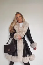  Women Faux Fur Lapel Collar Leather PU Warm Long Coat with Belt Female Elegant Winter Corset Cardigan Jacket Windbreaker 