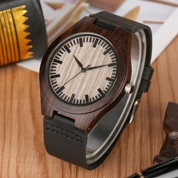 

Retro Light Gray Dial Black Ebony Wooden Watch Men's Watches Casual Analog Clock Male Genuine Leather Luxury reloj Men Top Gifts
