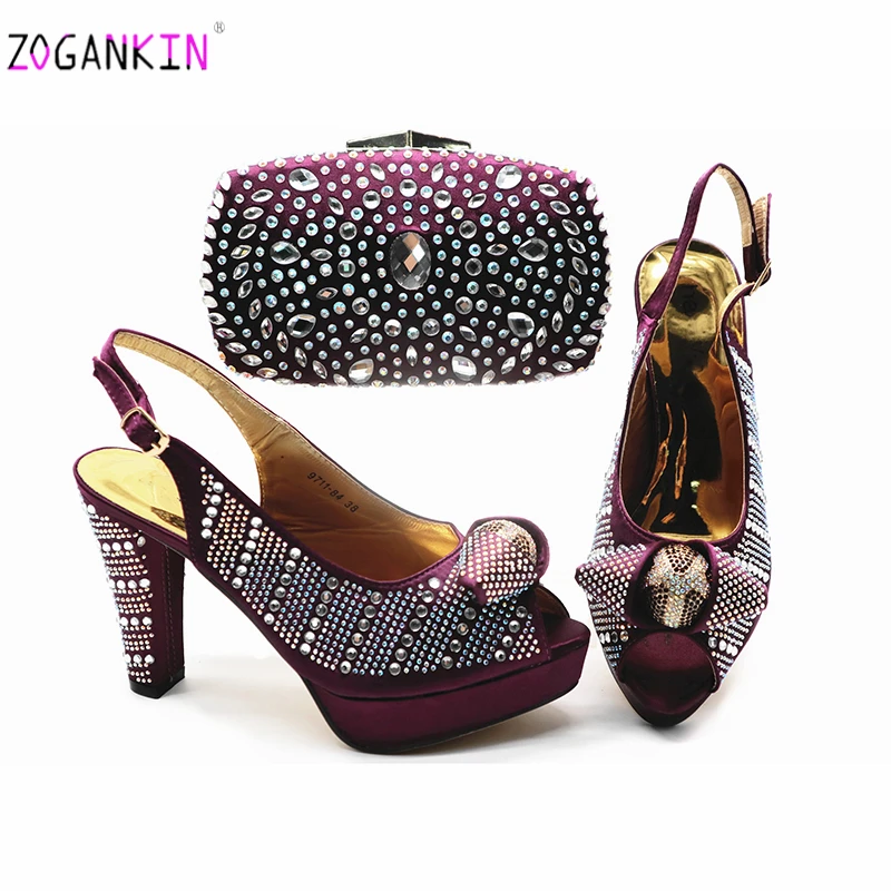 

Dark Purple Nigerian Women Shoes With Matching Bags Set Sweet Ladies New Coming African Shoes and Bag Set for Party