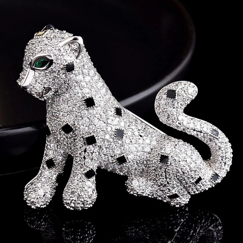 Zlxgirl men jewelry Brand jet enamel pave cubic zircon leopard animal men brooches jewelry copper scarf Corsage Pins men jewelry - Окраска металла: silver jet white