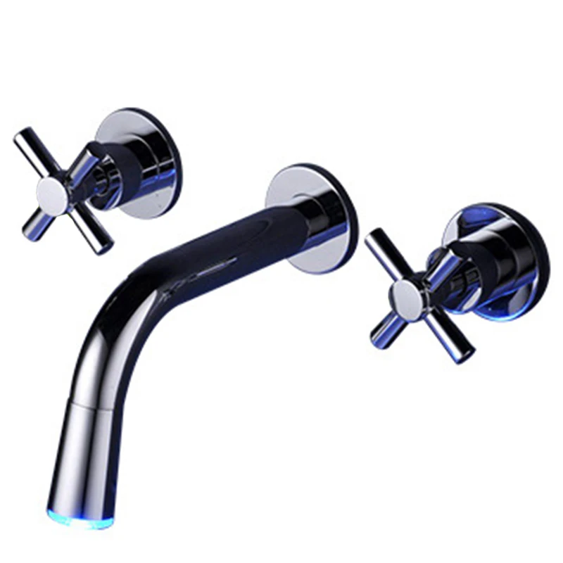 

Hotel Restaurant Bathroom Concealed Faucet Two Hand Wheel Three Holes Into The Wall Faucet with LED Light Temperature Control Fa