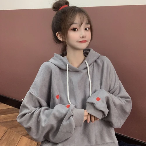 With Hat Hoodies Women Heart-embroidery Cute Autumn New Korean Loose Hooded Sweatshirt  Simple All-match Students Fashion Casual - Hoodies u0026 Sweatshirts -  AliExpress