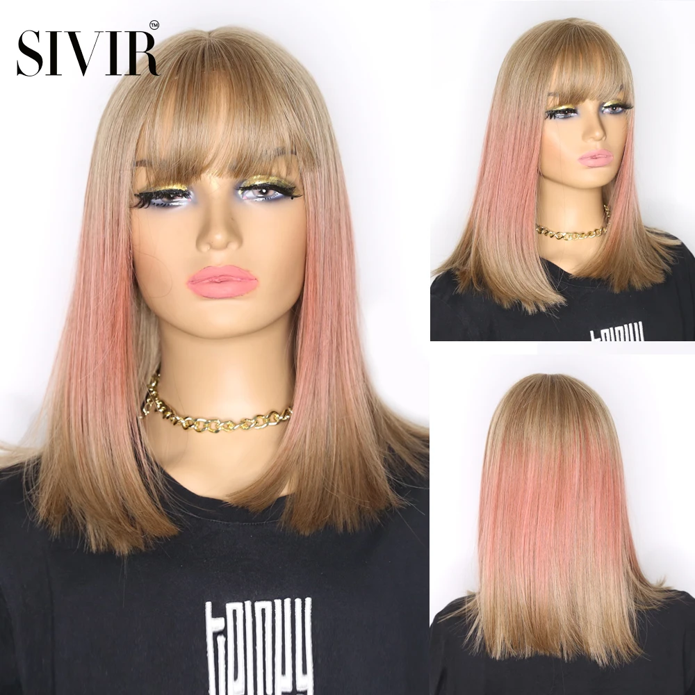

Sivir color Synthetic Short Straight Ombre Golden Blonde Bob Wigs with Bangs for Women Heat Resistant Fiber Wig short wigs