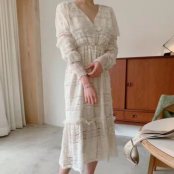 

Women Sweet Retro Dress Summer Spring Korean Japan Chic French Bottoming High Waist Dress Vintage Palace Style Lace Dresses