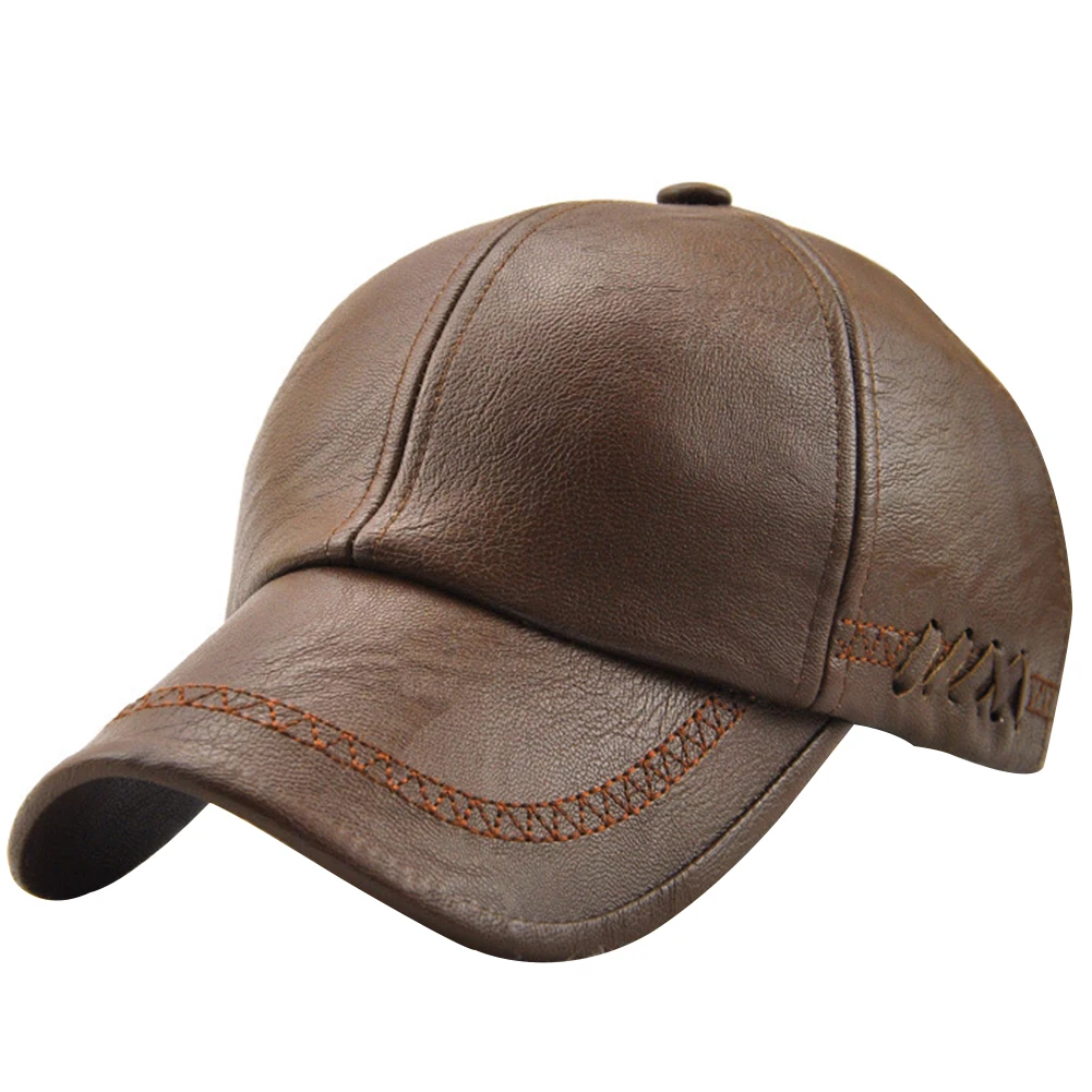 Men Driving Outdoor Baseball Cap Sports Sun Hat Solid Adult Autumn Winter PU Leather Travel Adjustable Vintage Soft Warm