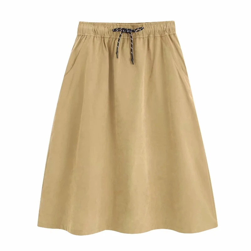 

2019 New women elegant solid color midi skirt drawstring tied elastic waist pockets female basic casual chic skirts mujer QUN423