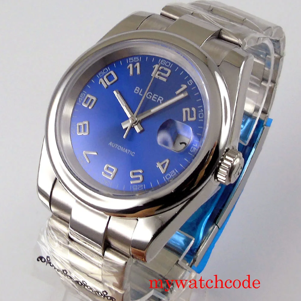 

39mm Bliger Automatic Men Watch 21 Jewels MIYOTA 8215 Movement Blue Dial Auto Date Sapphire Crystal Oyster Bracelet