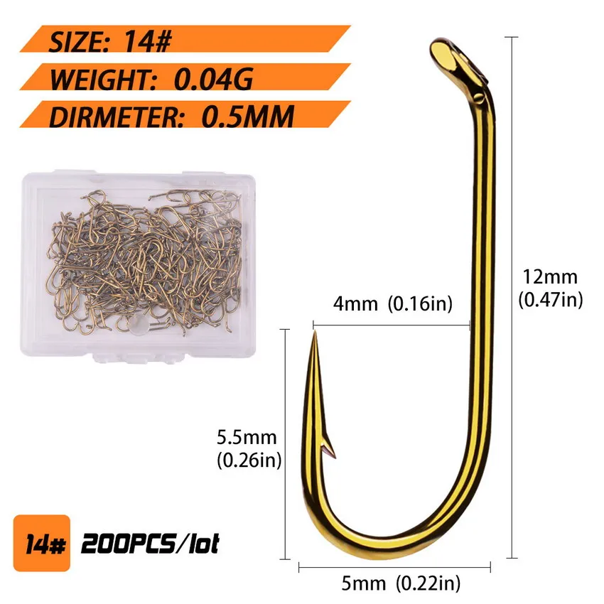 Size 14 200 шт. рыболовный крючок из углеродистой стали, РАЗМЕР 8#-16#, рыболовный крючкообразный крючок для ловли нахлыстом, крючки для ловли нахлыстом, трость, лосось, сухие мухи, рыболовный крючок - Цвет: Size 14