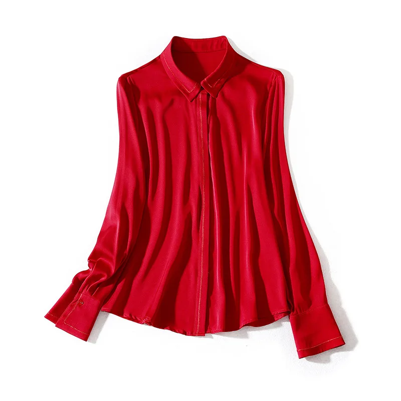 

2020 Spring New Womens Tops and Blouses 92% Real Silk High End Luxury Shirts Long Sleeved Red Pink Color Formal Shirts
