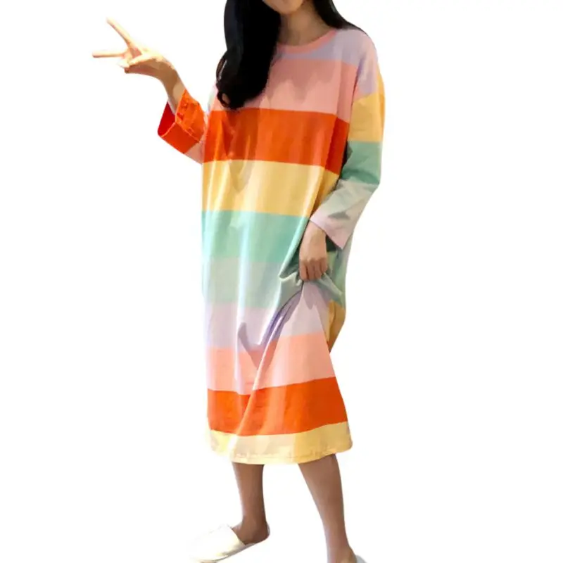 Женская милая полосатая Пижама, хлопок, круглый вырез, длинный рукав, ночная рубашка, нижнее белье, мультяшный принт, домашняя одежда - Цвет: 1