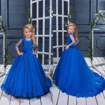 

Royal Blue Girls Pageant Dresses Jewel Neck Lace Appliques Beaded Long Sleeves Princess A Line Belt Flower Girls Dress