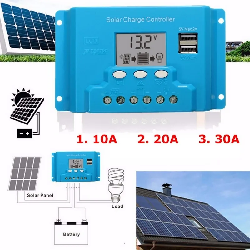 

10A 20A 30A Solar Panel Charger Controller 12V 24V Solar Regulator PWM Solar Panels LCD Dual USB Output