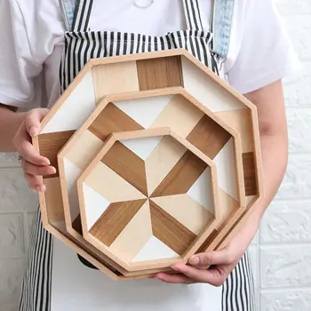 

Creative Octagonal Contrast Color Storage Plate Fruit Dishes Tea Wooden Tray Home Decor Dessert Dinner Plate Kitchen Tray