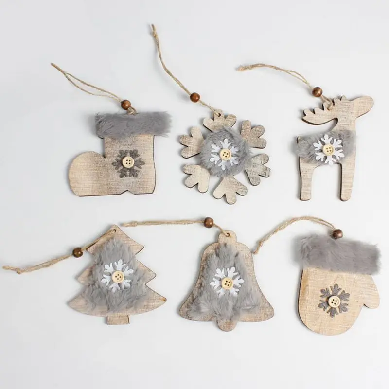 

Rustic Mini Wooden Christmas Pendant Snowflake/Bell/Shoe/Glove/Reindeer/Tree Button Faux Fur Decor Home Party DIY Hanging Orname