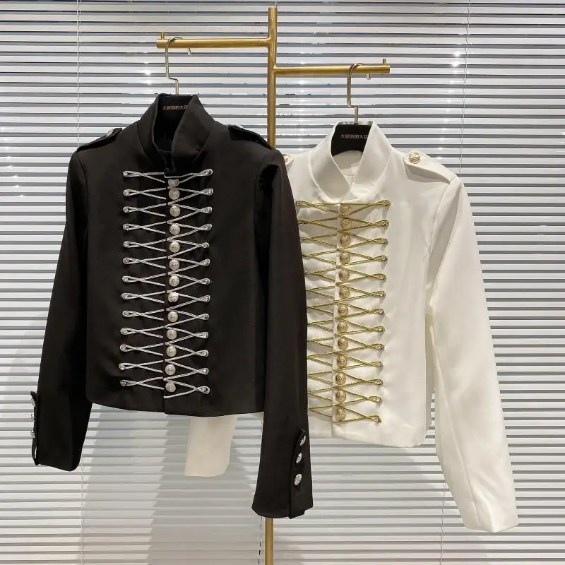 Vintage Style Blazer Women Black White Autumn Long Sleeve Stand Collar Casual Retro Short Coat Top Ladies Jacket Outwear Female